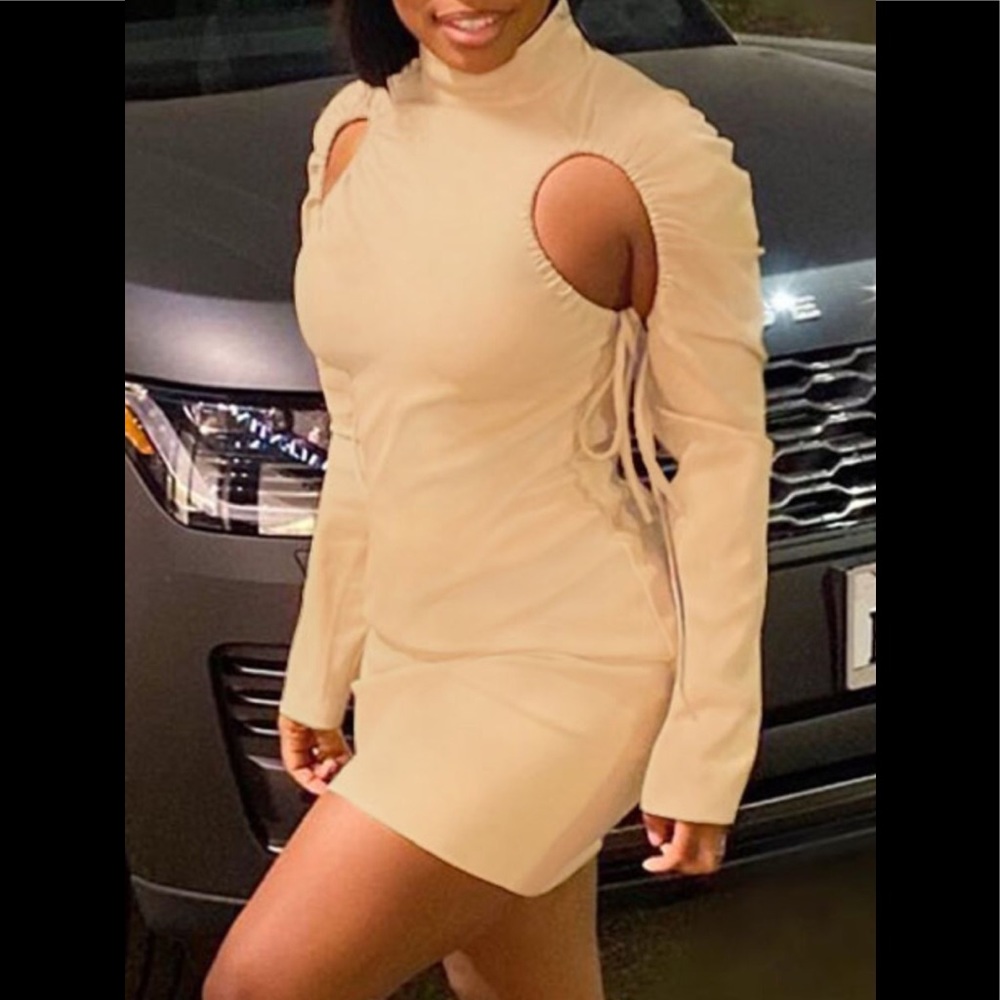 Unique 1 Of A Kind khaki Drawstring Ties Ruched Open Armpits Sexy Mini Dress